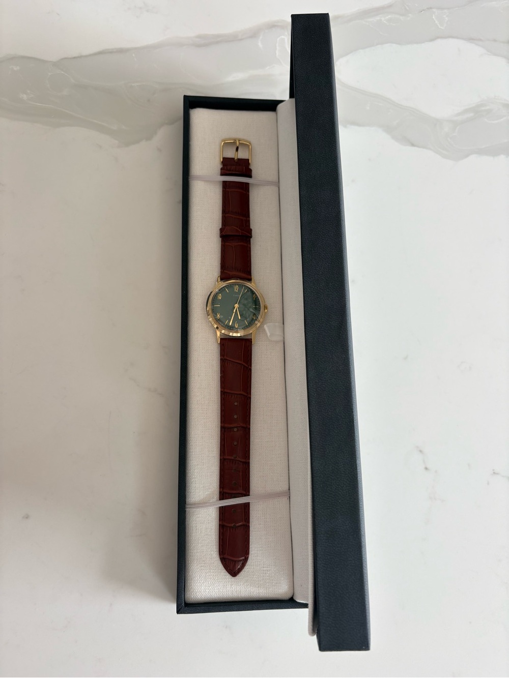 Timex Brown Leather Strap Watch with Gold Case and Green Dial